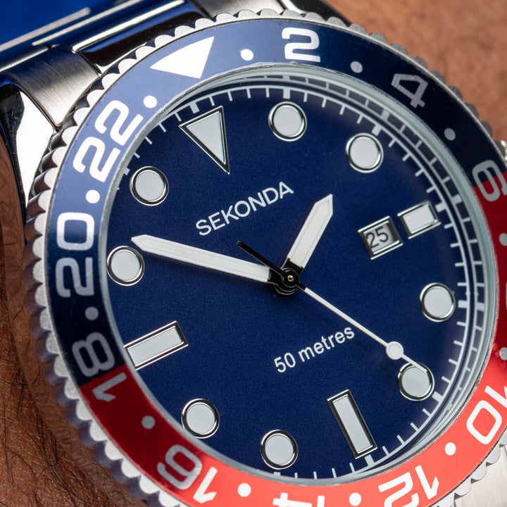Sekonda watch with a blue dial and stainless steel bracelet.