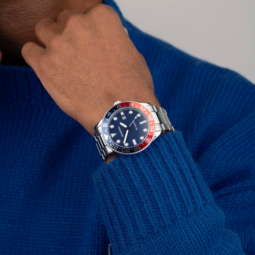 Sekonda watch with a blue dial and stainless steel bracelet.
