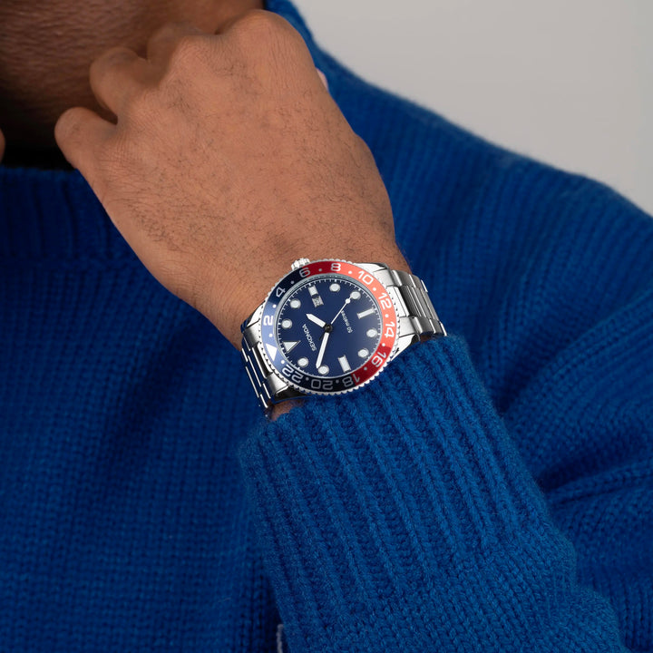Sekonda watch with a blue dial and stainless steel bracelet.
