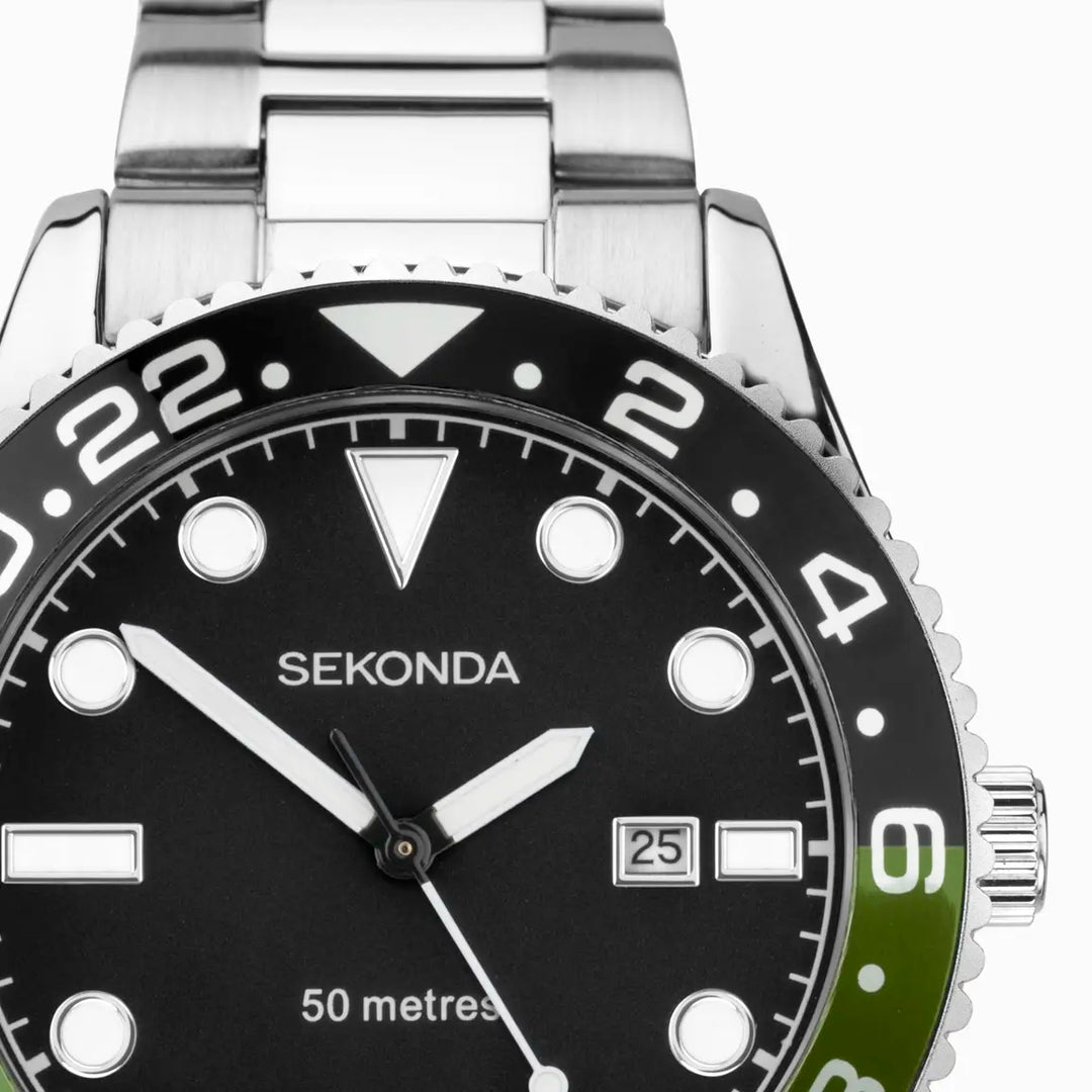 Sekonda Ocean Watch with a silver case, black and green bezel, and stainless steel bracelet.