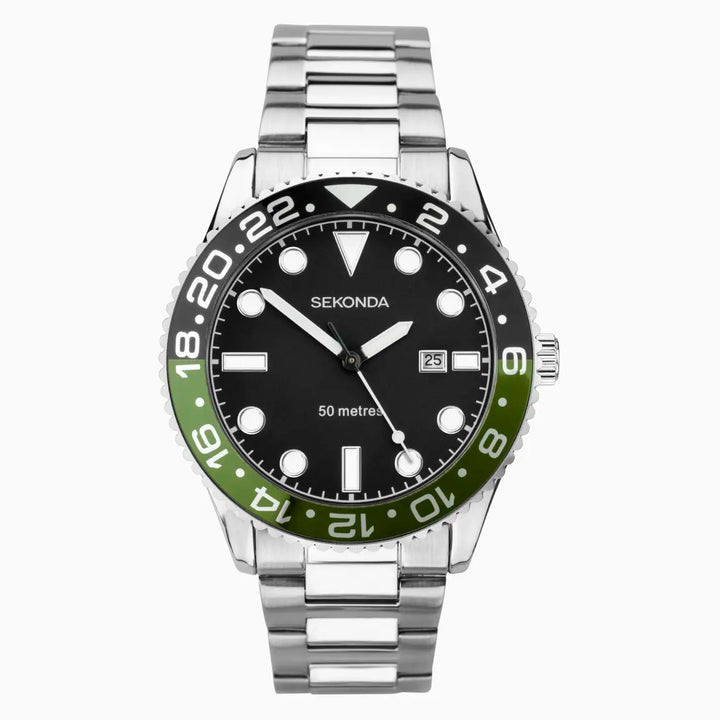 Sekonda Ocean Watch with a silver case, black and green bezel, and stainless steel bracelet.