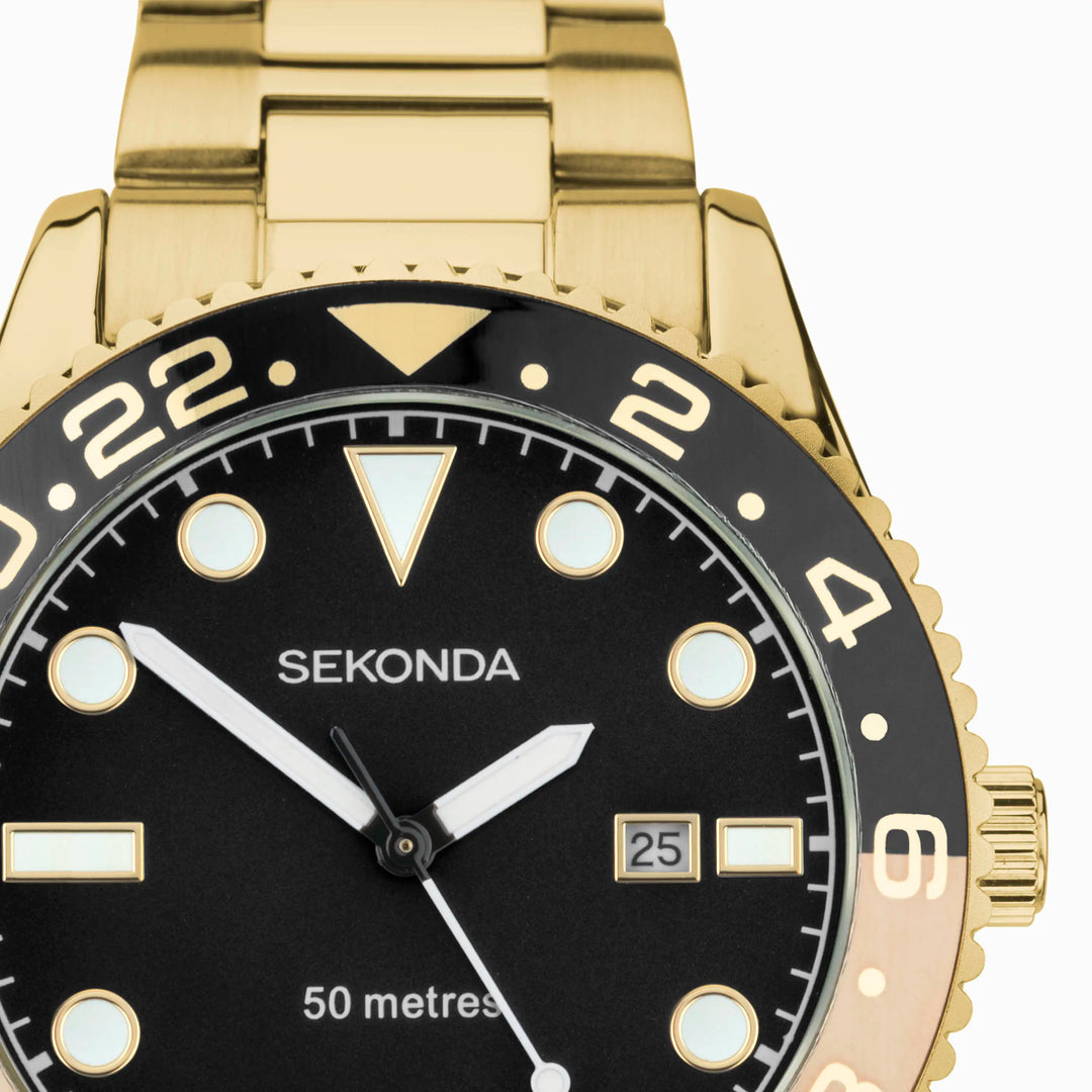 Sekonda gold and black watch with date display.