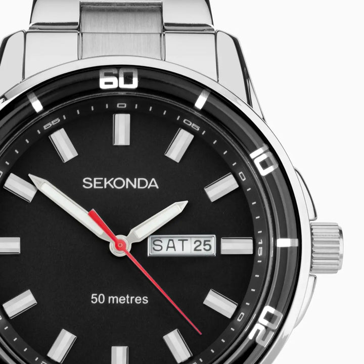 Sekonda Midnight Watch with a silver case, black dial, and stainless steel bracelet.