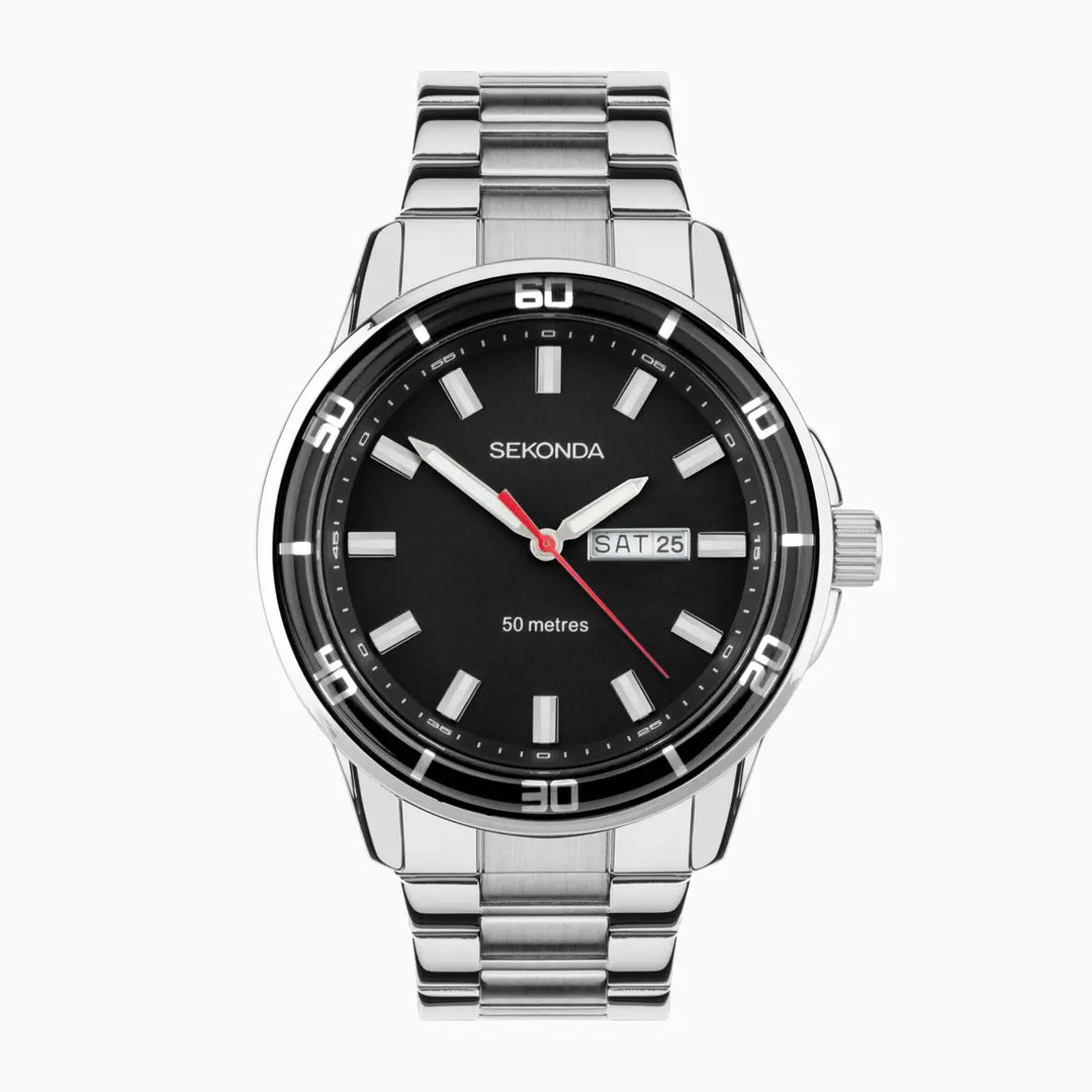Sekonda Midnight Watch with a silver case, black dial, and stainless steel bracelet.