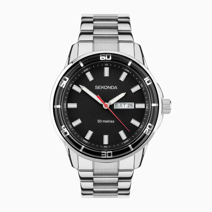 Sekonda Midnight Watch with a silver case, black dial, and stainless steel bracelet.