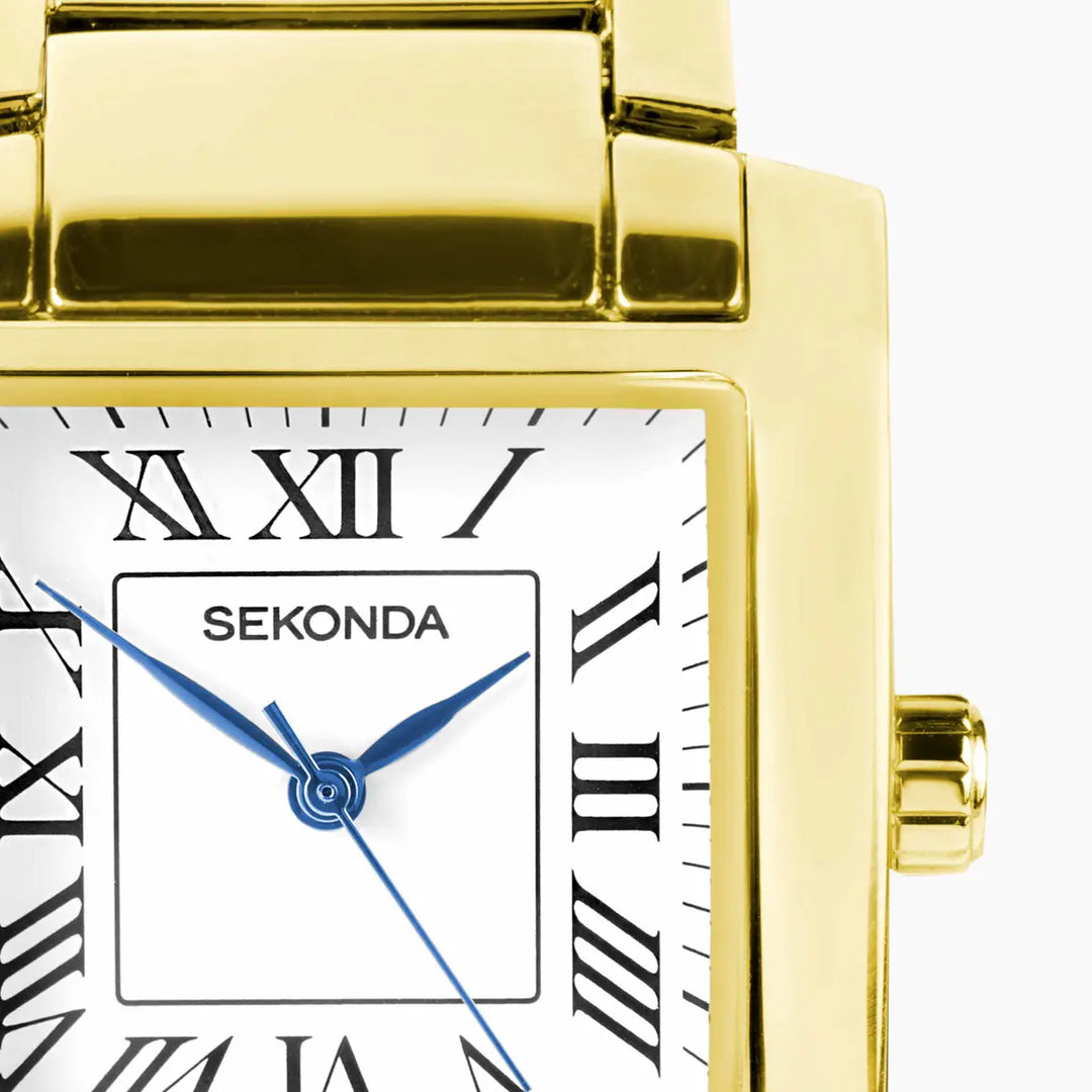Sekonda gold watch with Roman numerals and blue hands.