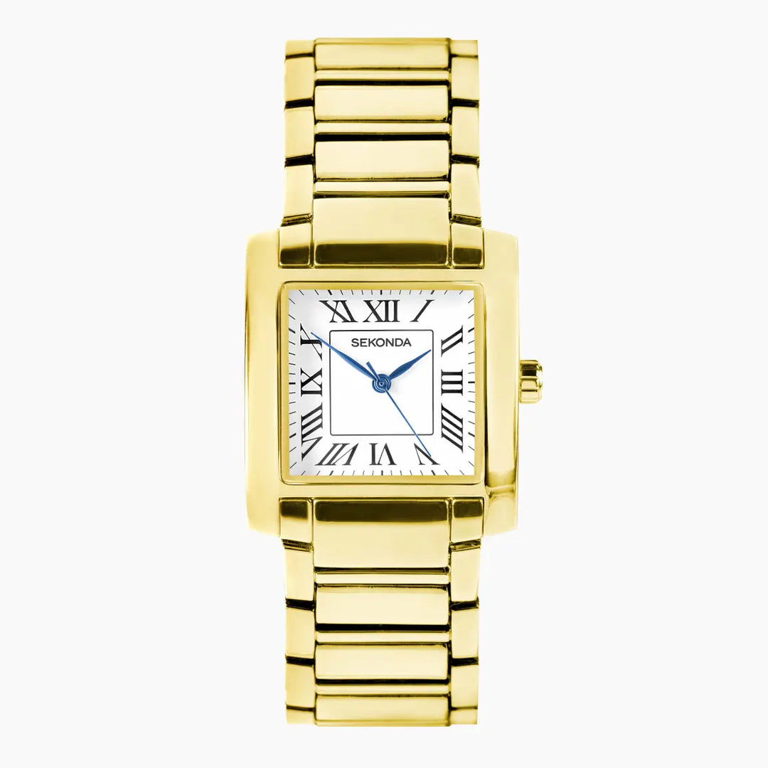 Sekonda gold watch with Roman numerals and blue hands.