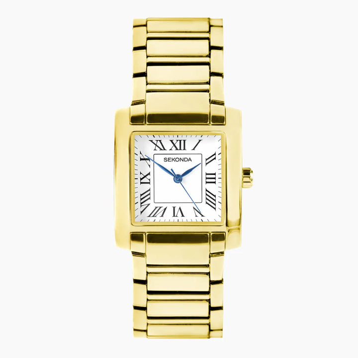 Sekonda gold watch with Roman numerals and blue hands.
