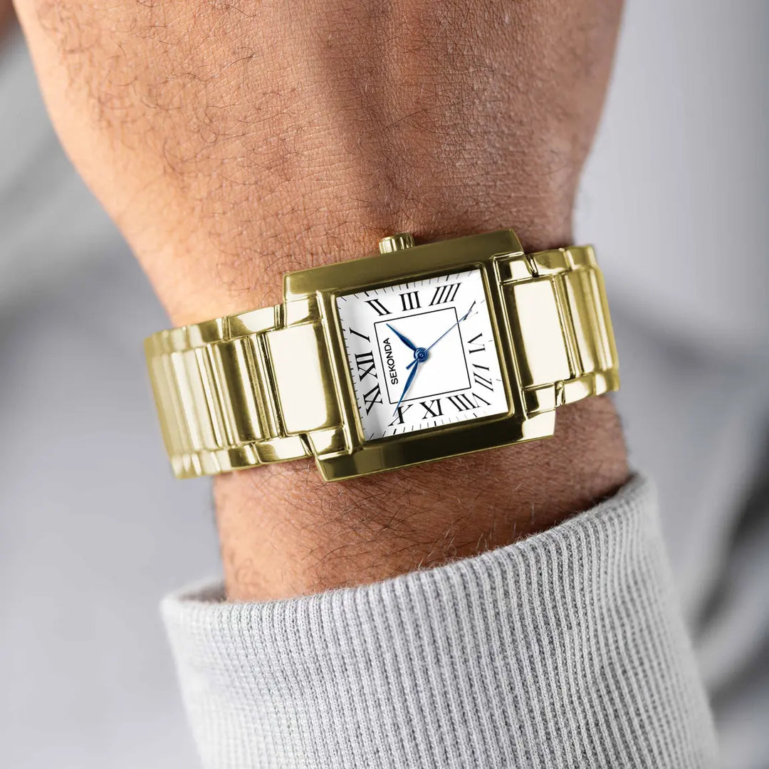 Sekonda gold watch with Roman numerals and blue hands.