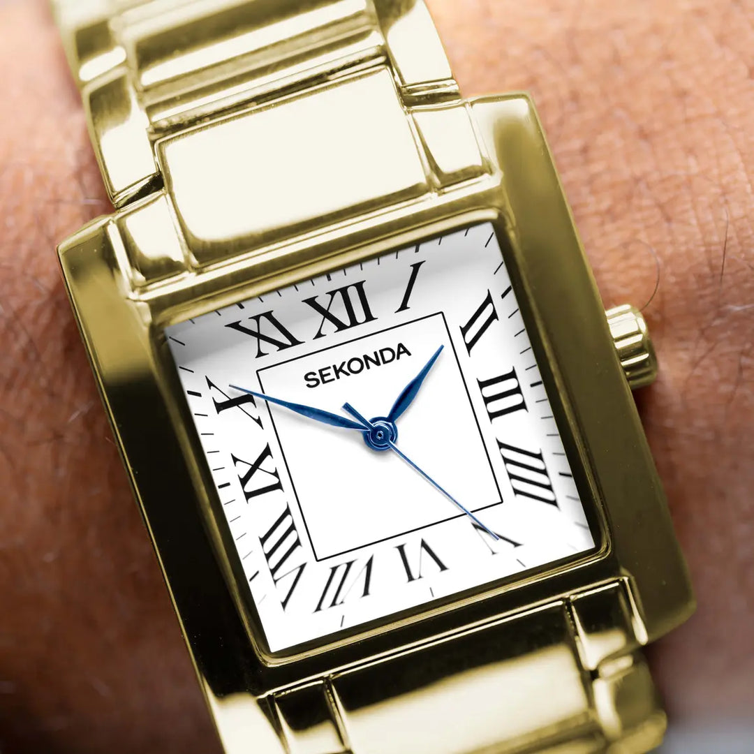 Sekonda gold watch with Roman numerals and blue hands.