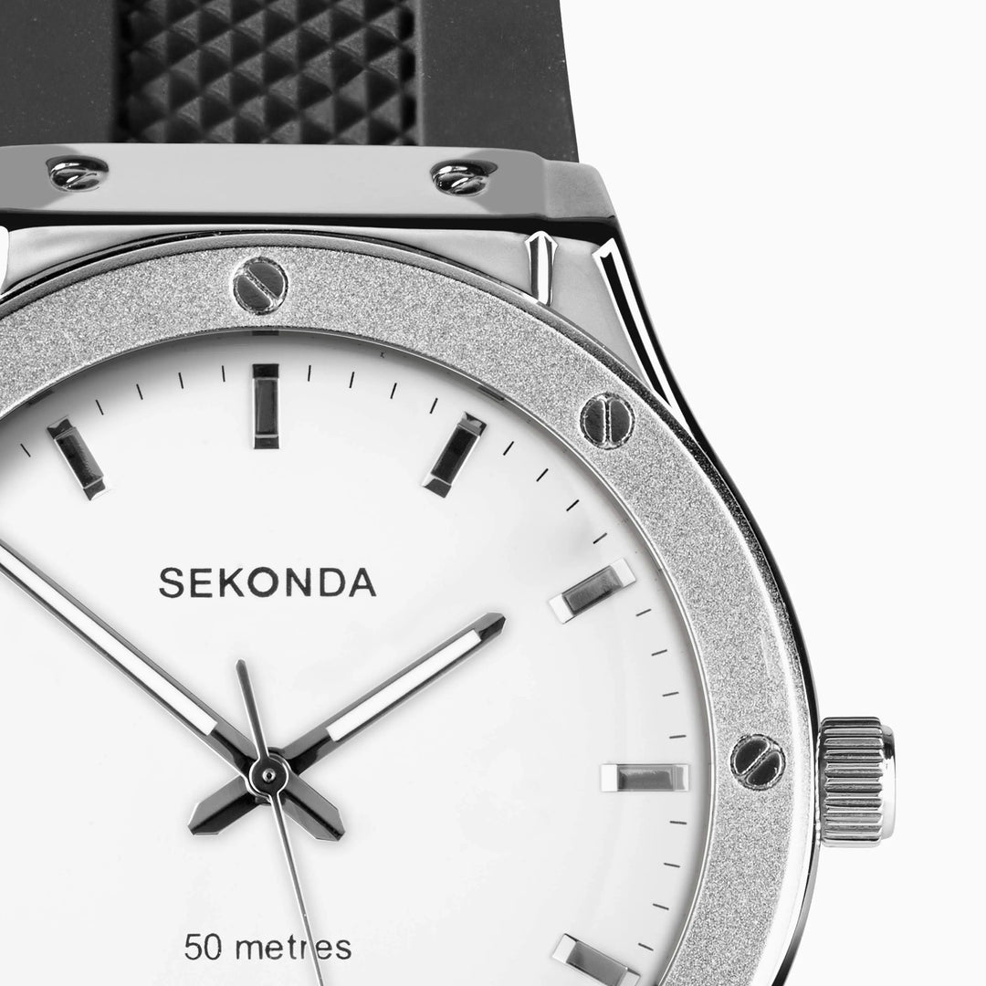 Sekonda Titan watch with a polished metal frame and silicone strap.