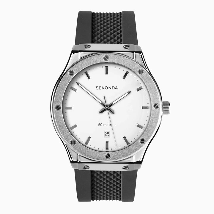 Sekonda Titan watch with a polished metal frame and silicone strap.