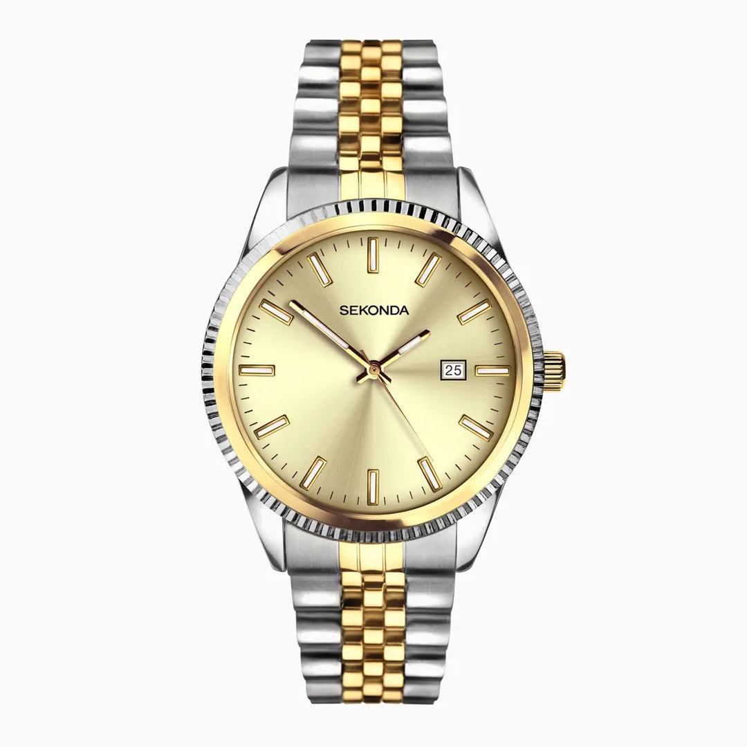 Two tone Sekonda watch with silver batons on a sunray dial.