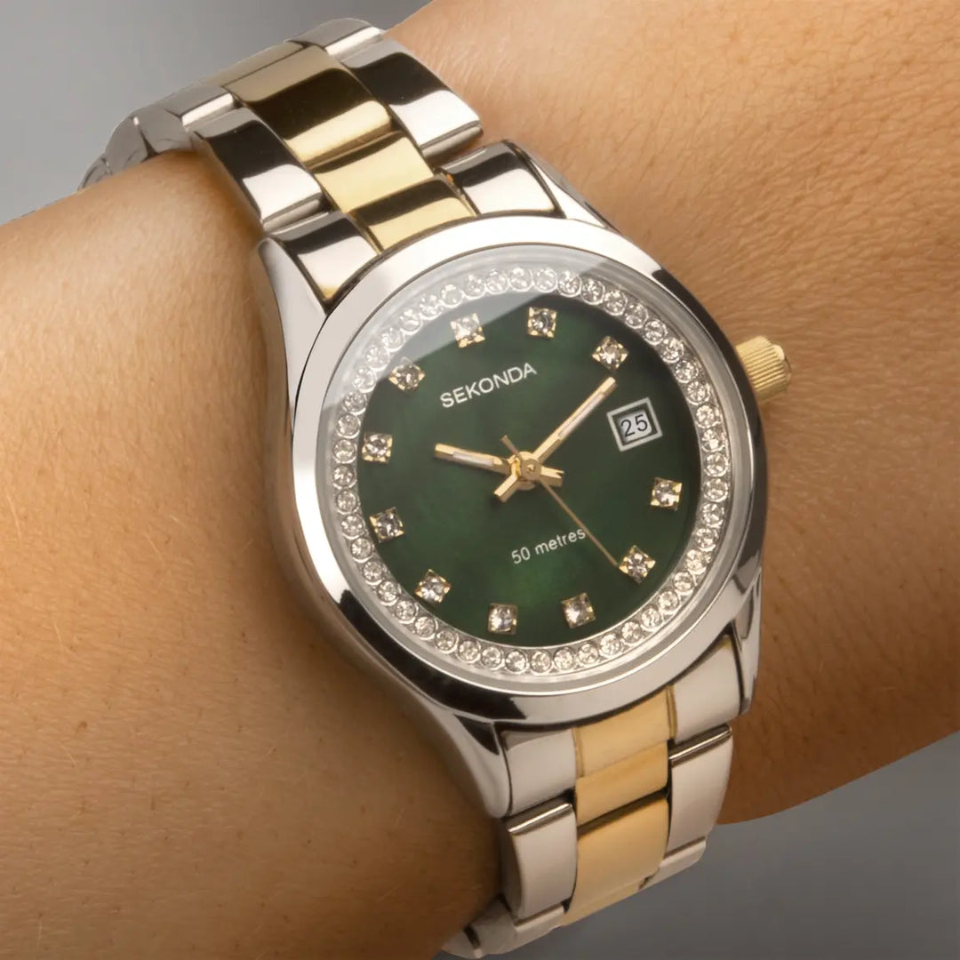 Sekonda ladies watch with a green mother of pearl dial and two-tone bracelet.