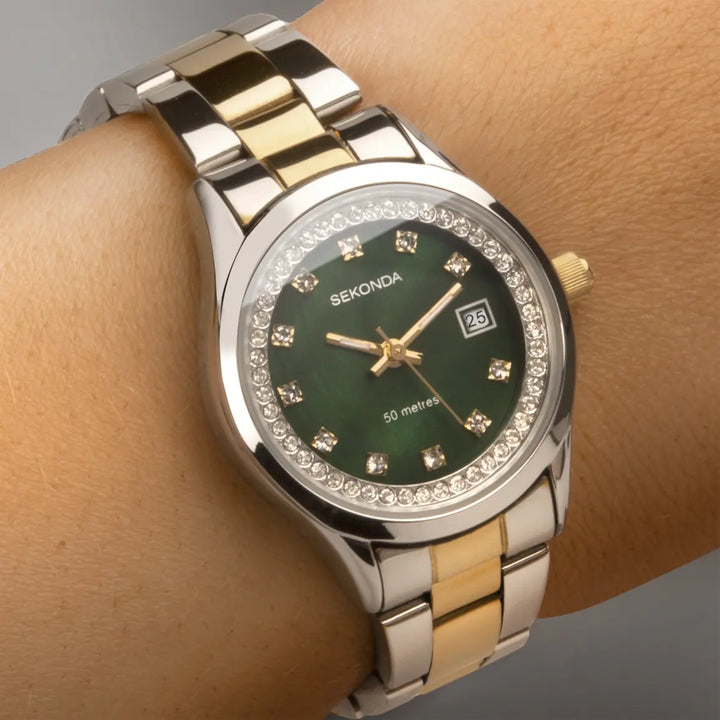 Sekonda ladies watch with a green mother of pearl dial and two-tone bracelet.