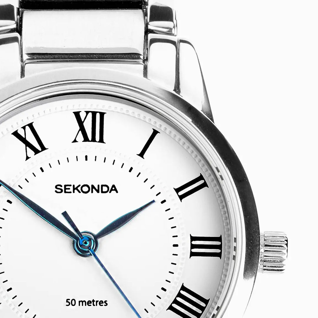 Sekonda silver ladies watch with white dial and blue hands.