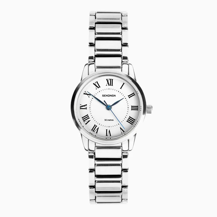Sekonda silver ladies watch with white dial and blue hands.