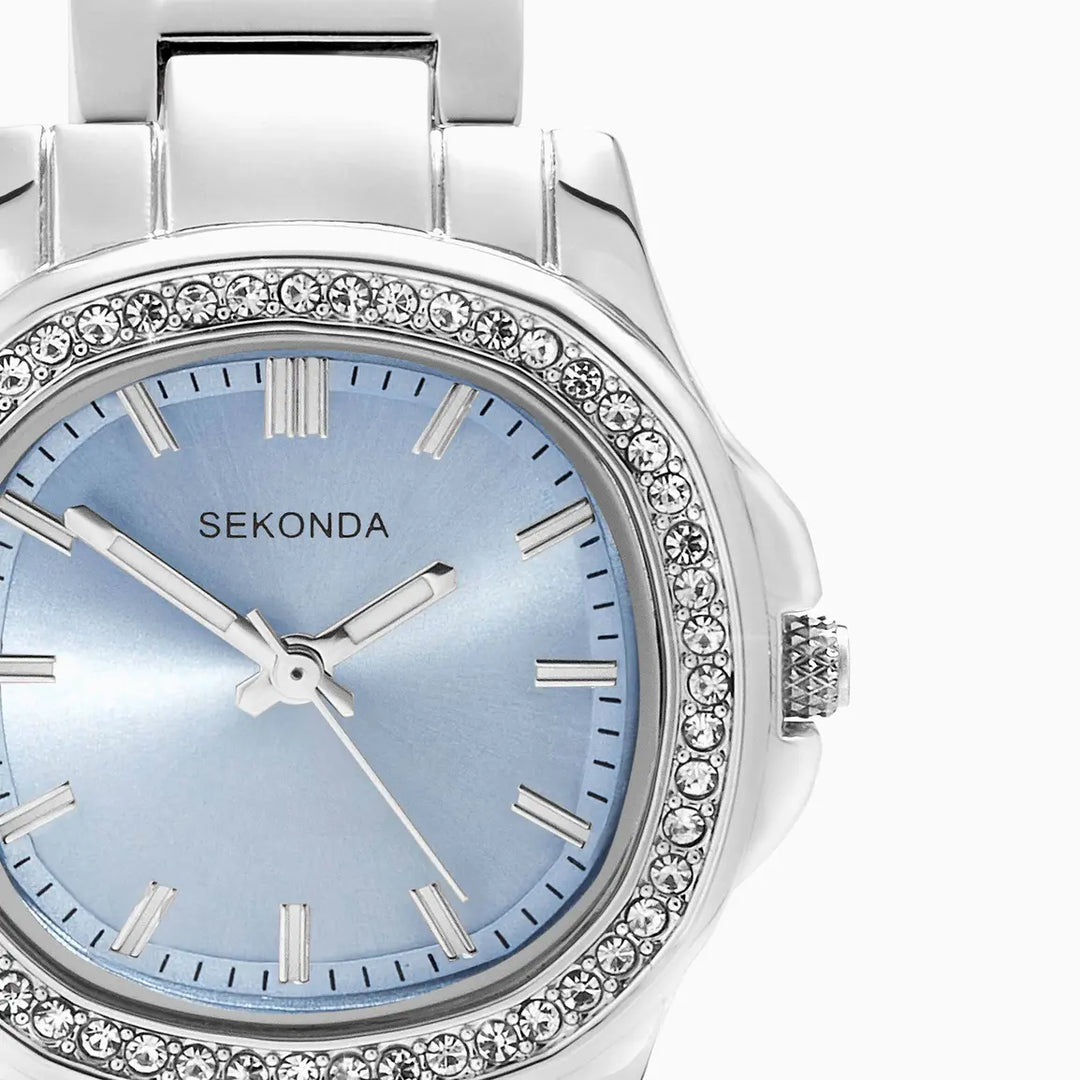 Blue Sekonda ladies watch with a rounded-octagonal face and stainless steel bracelet.