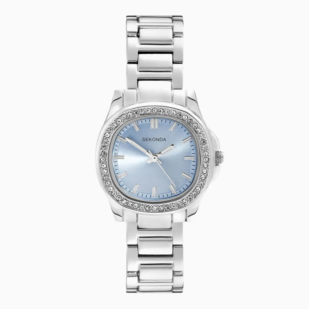 Blue Sekonda ladies watch with a rounded-octagonal face and stainless steel bracelet.