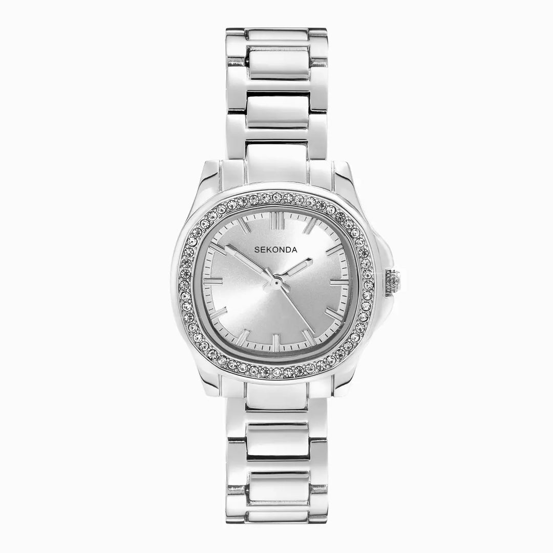 Sekonda silver crystal watch with a stone-set bezel and stainless steel bracelet.