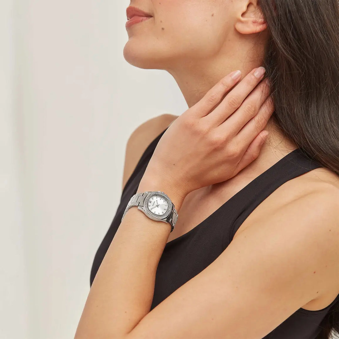 Sekonda silver crystal watch with a stone-set bezel and stainless steel bracelet.