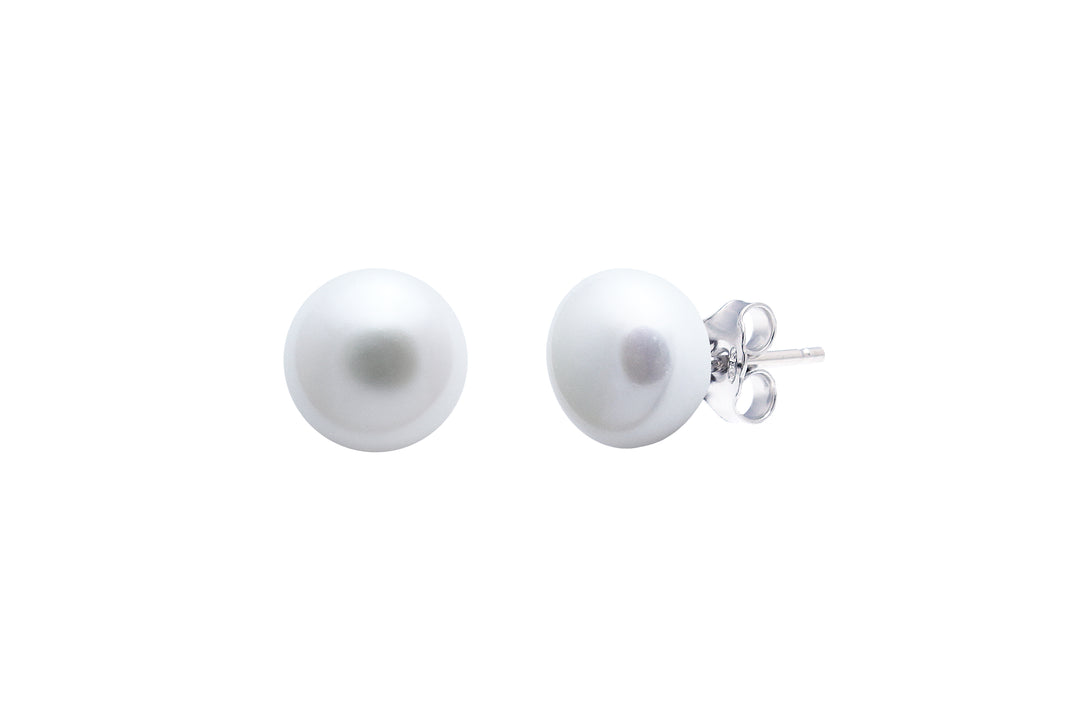silver 7 mm button pearl earrings in white - Carathea jewellers