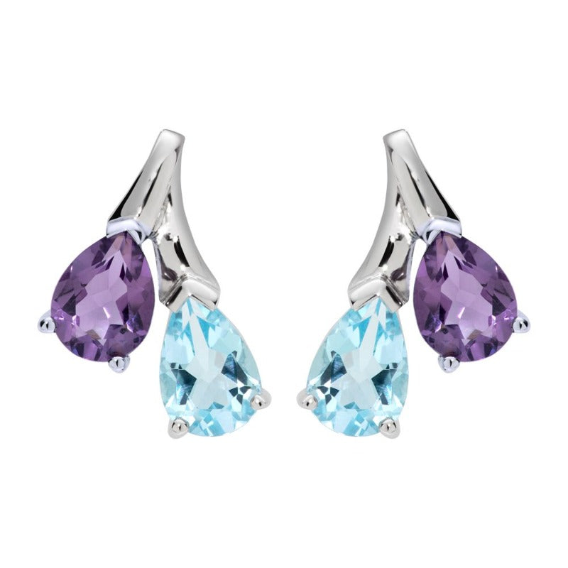 Silver Teardrops Amethyst and Blue Topaz gemstones - Carathea jewellers