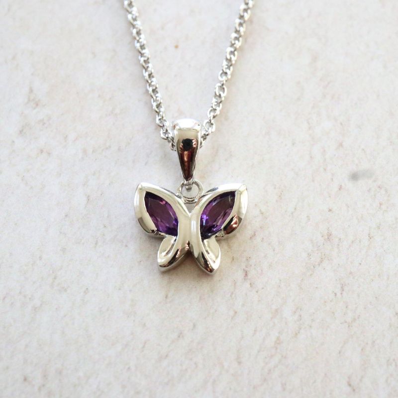 Silver Butterfly Pendant with Amethyst Wings