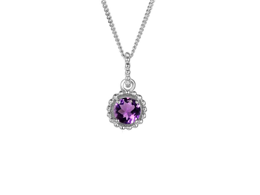 Amethyst halo pendant in sterling silver with adjustable chain.