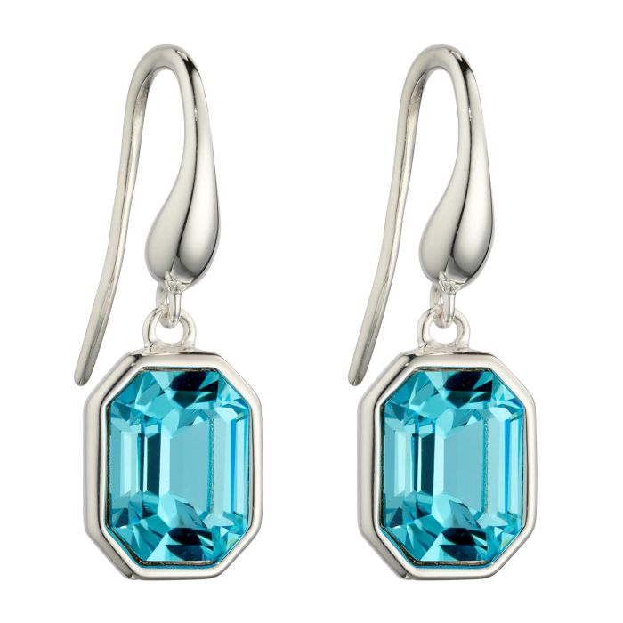 silver drop earrings with blue asscher cut crystals - Carathea jewellers
