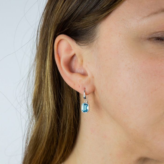 silver drop earrings with blue asscher cut crystals - Carathea jewellers