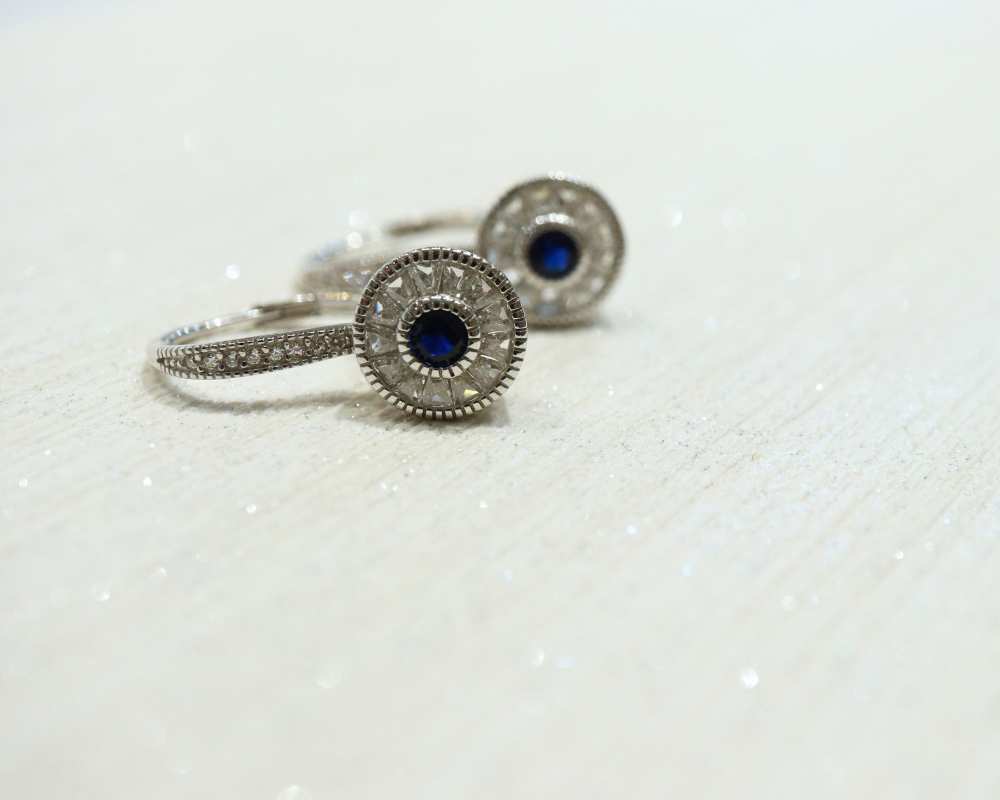 Silver Round Drop Earrings with White & Blue CZ