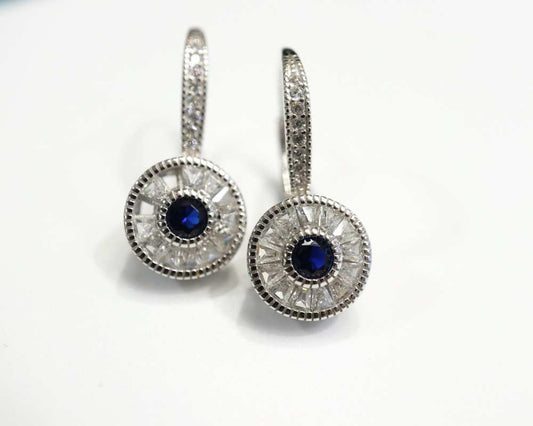 Silver Round Drop Earrings with White & Blue CZ