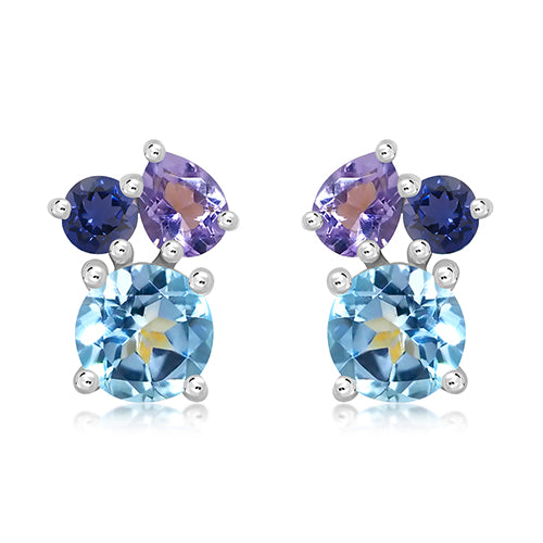 silver stud earrings with blue topaz, amethyst & iolite - Carathea jewellers