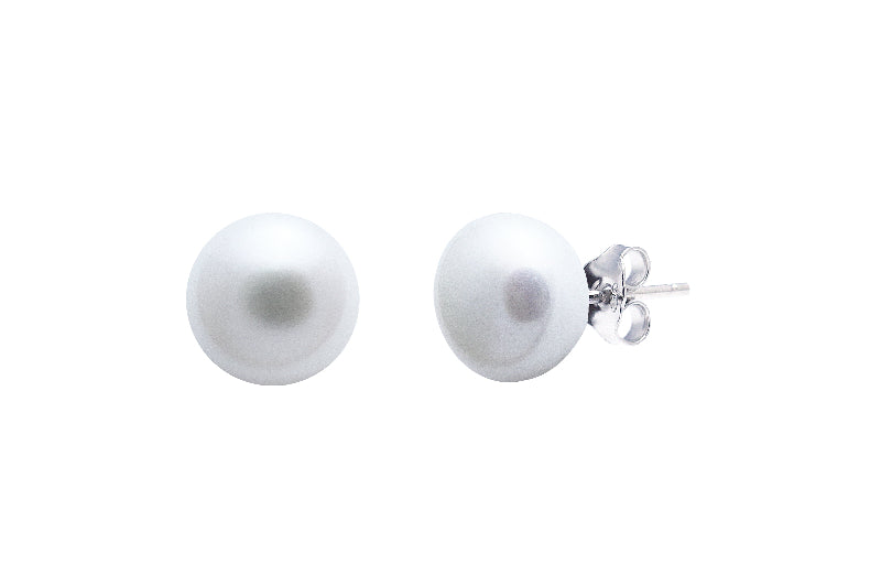 silver stud earrings with 9 mm button-shaped white pearl - Carathea jewellers