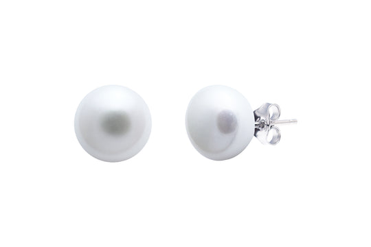 Silver Stud Earrings with White Button Shaped River Pearl 10-10.5 mm