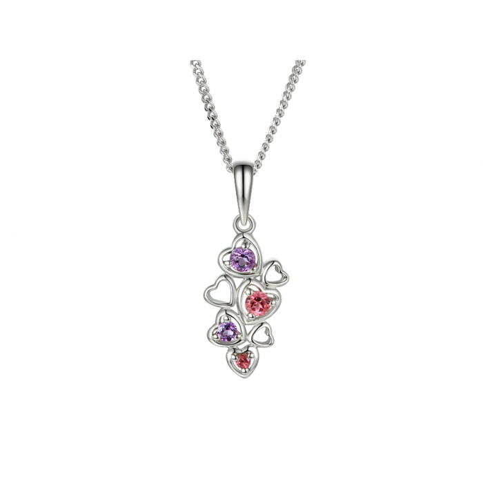 Silver Multi-Hearts Necklace with Pink Tourmaline and Amethyst