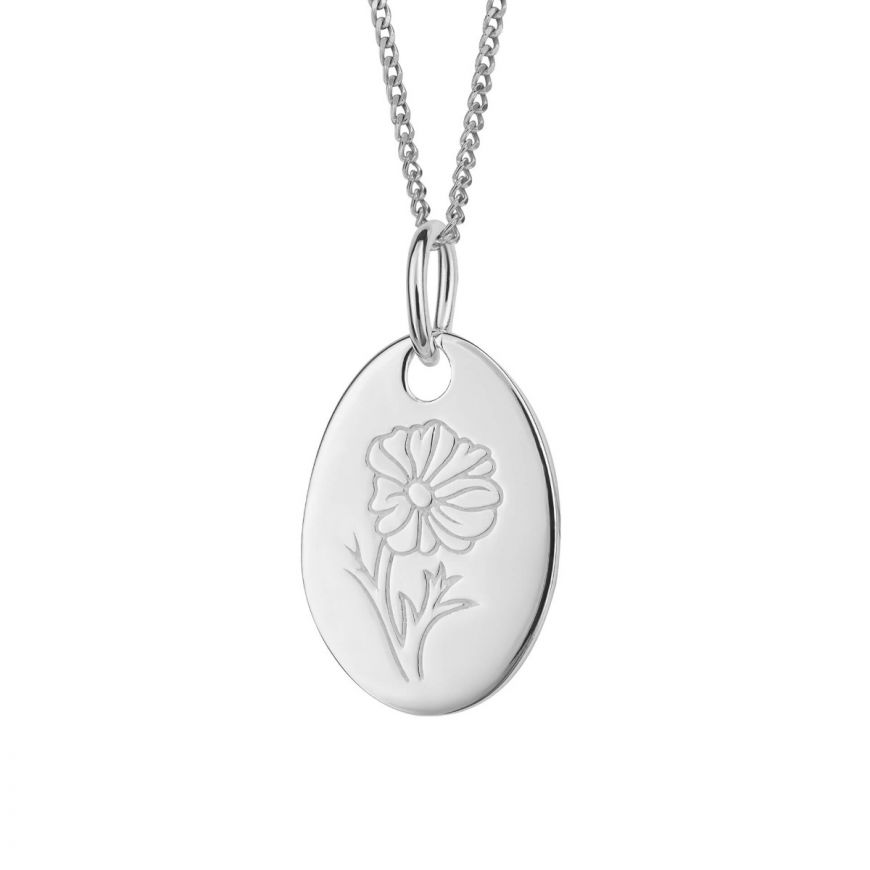 silver cosmos birth month flower for October oval pendant- Carathea
