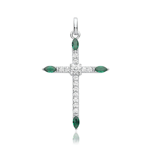 Silver Cross with Green and White CZ's