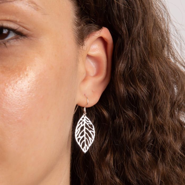 Silver Cut Out Leaf Drop Earrings