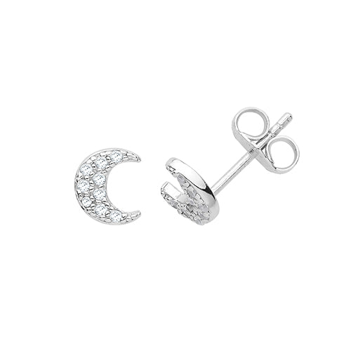 Crescent moon stud earrings with cubic zirconia stones.