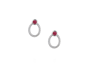 silver open oval earrings with cz and ruby - Carathea
