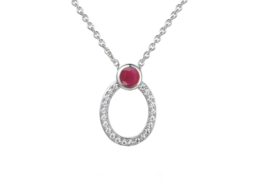 Silver Open oval pendant with cz and real ruby - Carathea