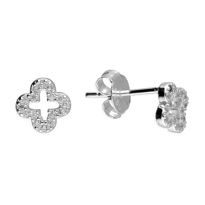 Silver Open Quatrefoil/Four Leaf Clover CZ Stud Earrings