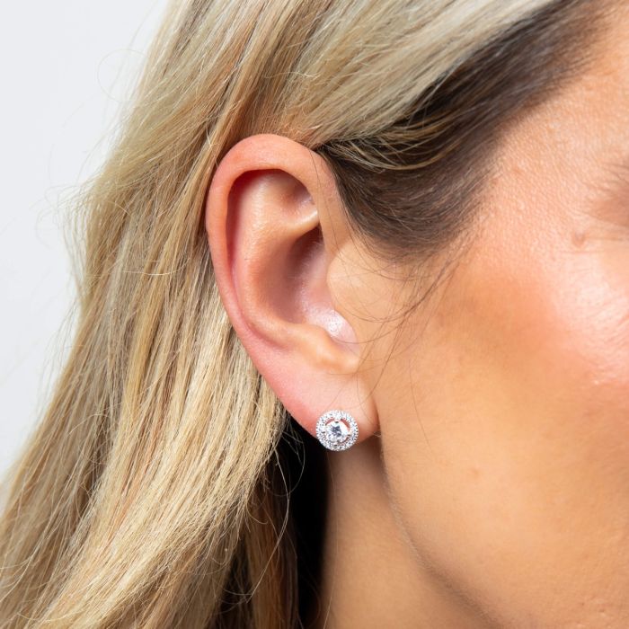 Silver Round CZ with Pave Halo Stud Earrings Jewellery Carathea