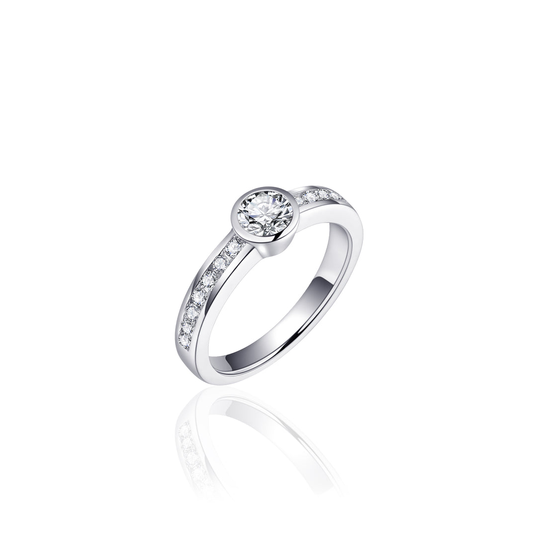 Silver bezel set engagement CZ ring with stone-set shoulders - Carathea & Jools