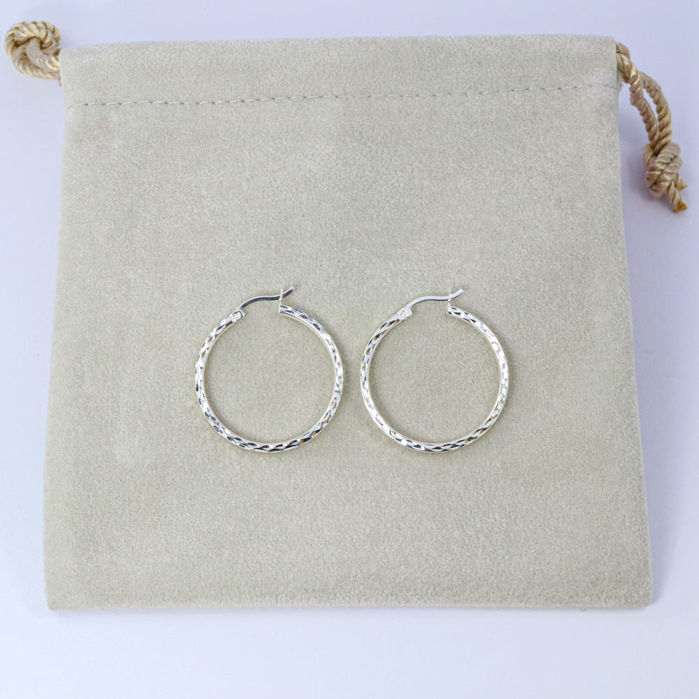 Silver Diamond Cut "Dimpled" Square Hoop Earrings 25mm