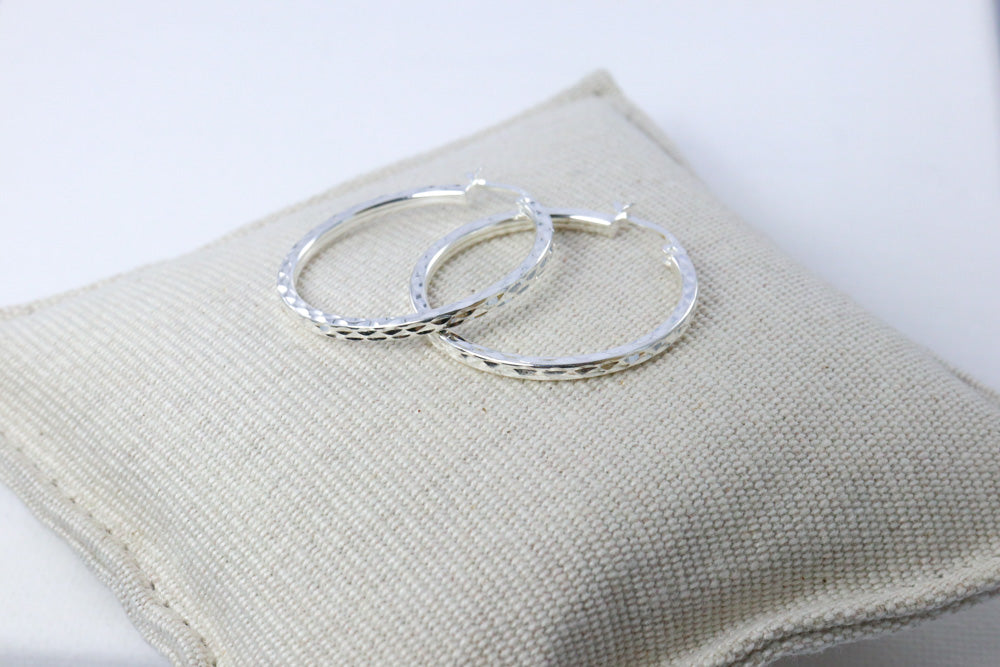 Silver Diamond Cut "Dimpled" Square Hoop Earrings 25mm