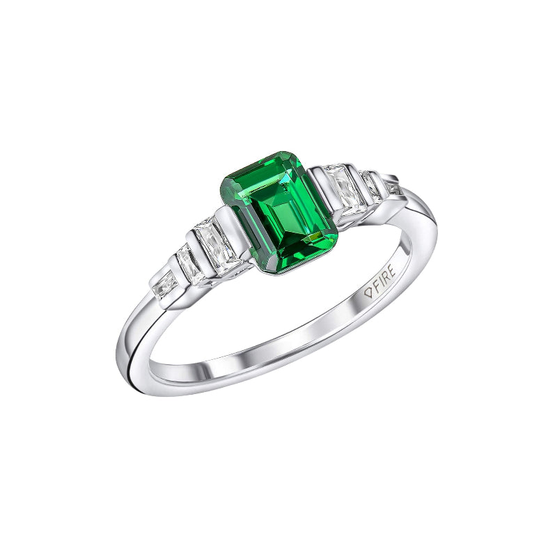 Ladies emerald-cut green and white silver and zirconia ring - Carathea & Jools
