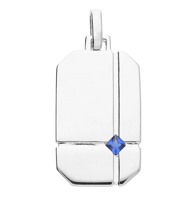 Silver Dog Tag with Blue Cubic Zirconia